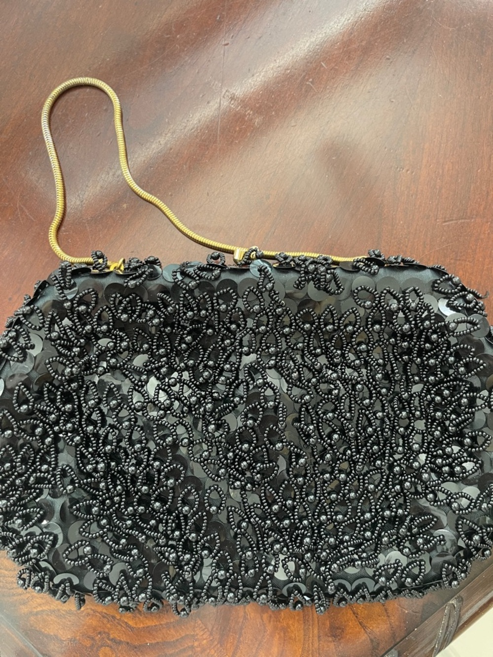 Elegant Black Beaded Evening Clutch with Gold Chain vintage